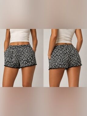 Boho Black & White Pom Trim Shorts | Flowy Festival Lounge Summer